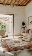 Fototapeta premium Bohemian Living Room with Rattan, Beige Furniture, Patterned Rug, and Lush Green Plants Indoor