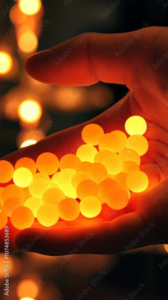 Poster a hand holds glowing orbs in front of a string of lights