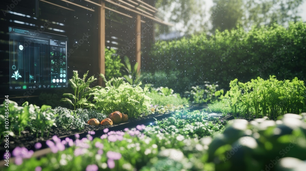 Poster This lush garden features automated sprinklers and soil sensors, ensuring optimal conditions for growth in a nurturing outdoor space. Generative AI