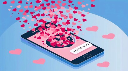 Mobile Love Explosion: Pink Hearts Confetti Bursting From Smartphone - Digital Romance Concept Design for Poster, Card, Print