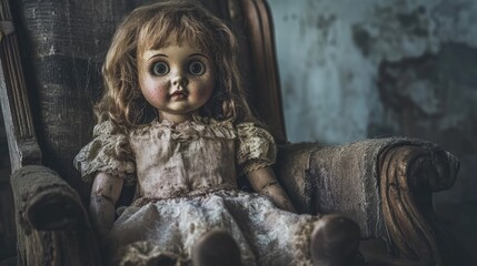 Scary creepy old lost doll with porcelain face sits on chair in abandoned shabby haunting house at night. Horror, nightmare. Eerie dimly lit, chilling atmosphere. Dust and cobwebs. Nostalgia concept.