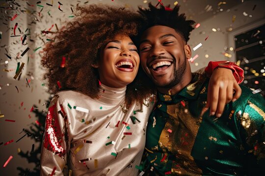 Happy African American couple celebrating christmas confetti.