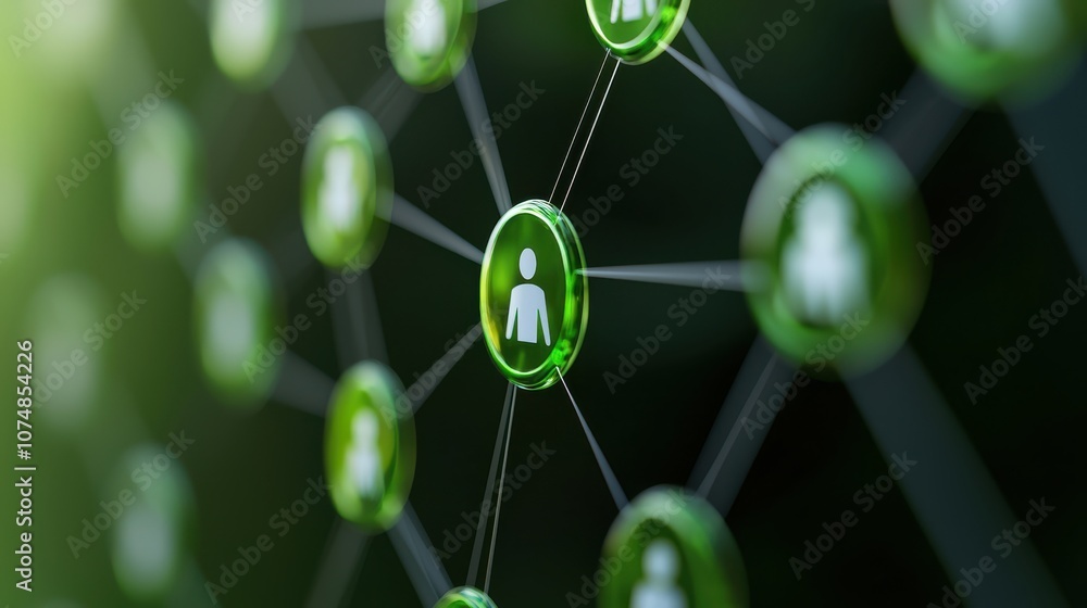Poster digital network of green icons connected by lines, symbolizing social connections and communication.