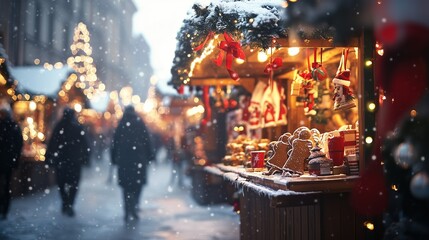 The bustling Christmas market is decorated with lights and ornaments, as visitors enjoy warm treats and explore numerous festive stalls beneath fresh falling snow