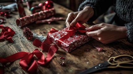 Carefully wrapping a beautifully patterned Christmas gift, hands tie a vibrant red ribbon around it while surrounded by festive decorations and supplies