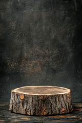 Empty bark stump podium provides a natural wooden surface for showcasing products in an eco-friendly, rustic display