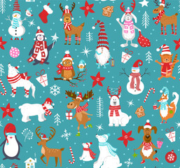 Merry Christmas happy new year  winter holidays woodland animals seamless pattern with  cute adorable funny cartoon polar arctic bears cats dogs wolf hare reindeer deer owl bird penguin fox  moose, 