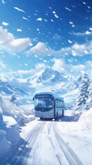 Travel bus driving through high level snow landscape outdoors vehicle.