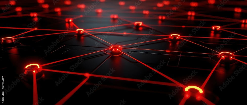 Poster a close-up view of a digital network featuring intricate connections illuminated by red lights on a 