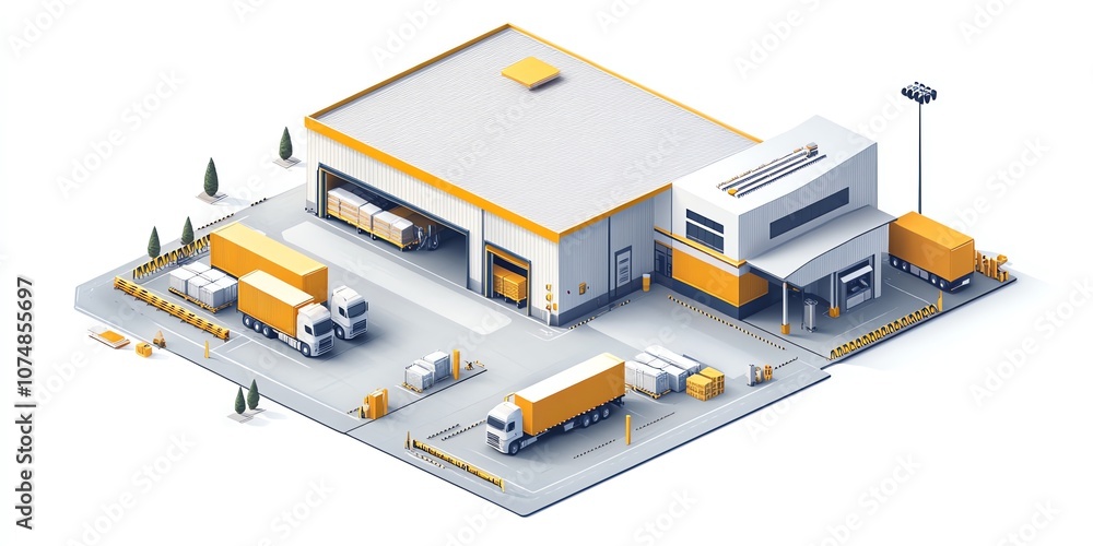 Poster Isometric view of a large warehouse with trucks loading and unloading goods.