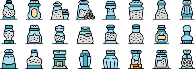 Different types of salt and pepper shakers are displayed, highlighting their various shapes, sizes, and designs, essential for seasoning and enhancing culinary experiences © ylivdesign