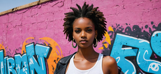 Fototapeta premium A young woman with short dreadlocks stands in front of a graffiti-covered wall in the city
