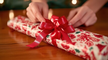 Hands are meticulously wrapping a Christmas gift using bright, festive paper and a shiny red bow. The scene showcases a warm, holiday atmosphere with soft lights