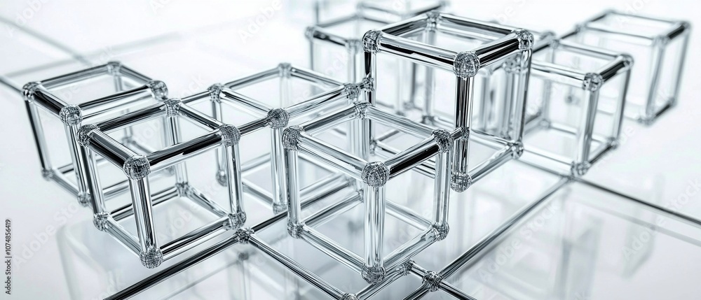 Poster clear glass blocks arranged in a geometric pattern, reflecting light, creating an abstract, modern a