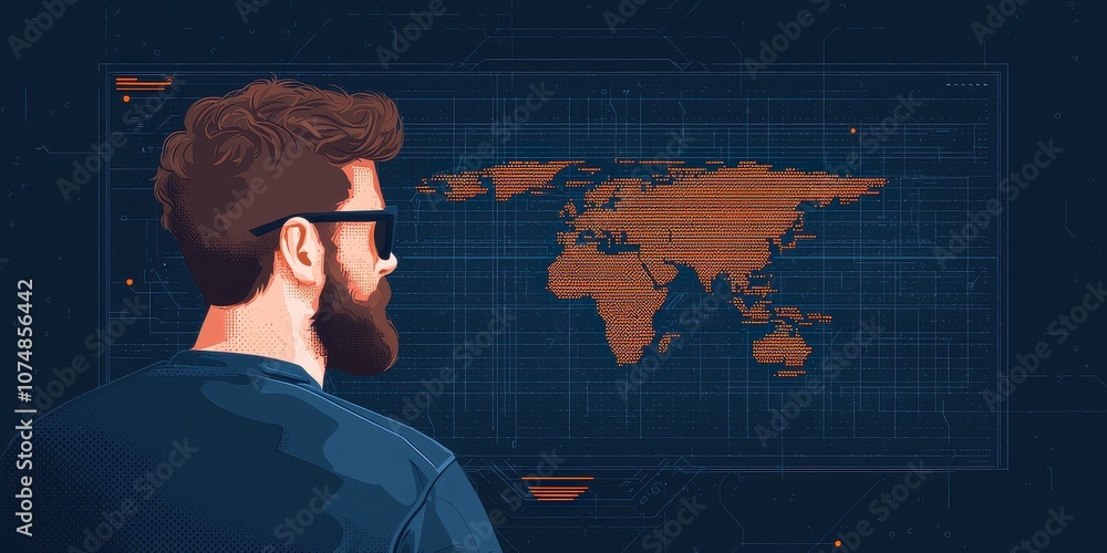 Poster a man observing a digital world map on a futuristic interface.