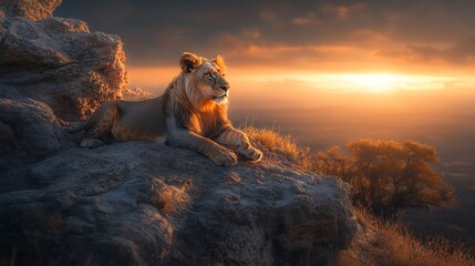 A majestic lion rests on a rocky outcrop as the sun sets behind him, casting a golden glow over the landscape.