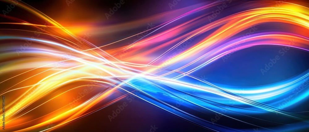 Poster a vibrant abstract background featuring flowing waves of blue, orange, and purple light, creating an