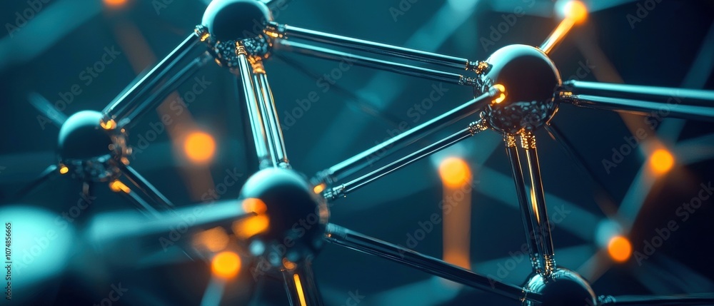 Poster a close-up view of interconnected molecular structures with glowing elements, illustrating the intri
