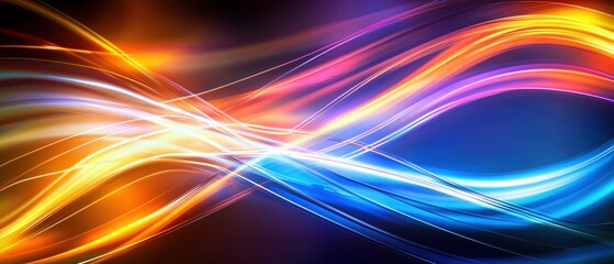 Obraz premium A vibrant abstract background featuring flowing waves of blue, orange, and purple light, creating an energetic and dynamic visual effect.