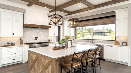 Modern Kitchen with White Cabinets and Wooden Island