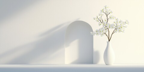 Obraz premium A minimalist interior featuring a vase with white flowers against a soft, bright backdrop.