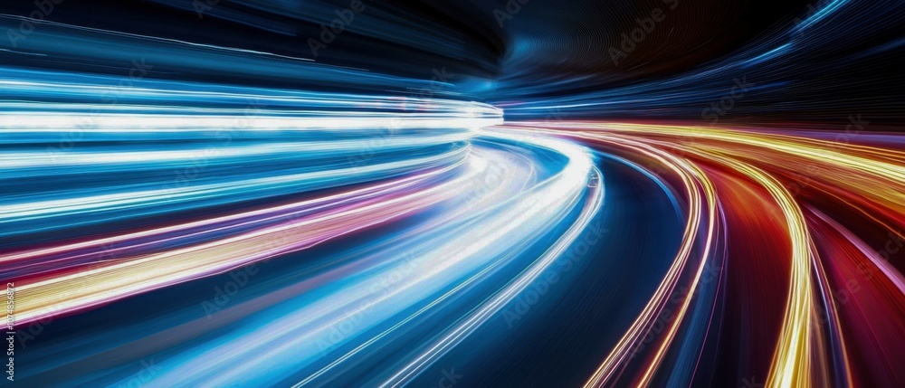 Poster a dynamic image showcasing vibrant light trails against a dark background, representing speed and mo