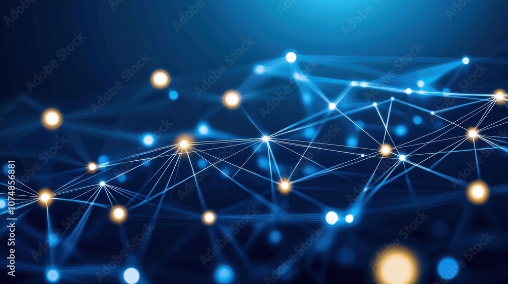 Poster a digital network illustration featuring interconnected nodes and luminous points against a blue bac