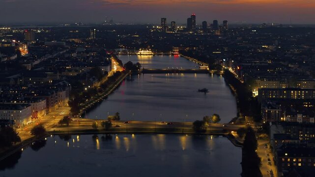 Aerial drone view of Knippel bascule bridge in Copenhagen, Denmark at night