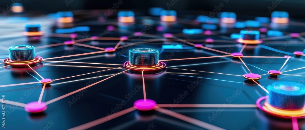 Poster a vibrant, digital network graphic showcasing interconnected nodes and data links, illustrating conc