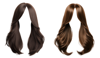 long layered hair style wigs in brown colors. Beautiful women's wigs. transparent background
