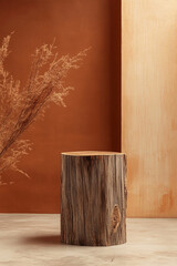 Empty bark stump podium provides a natural wooden surface for showcasing products in an eco-friendly, rustic display
