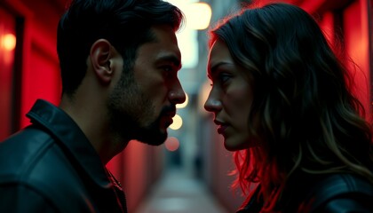 Intense urban standoff with cinematic lighting in a narrow alleyway