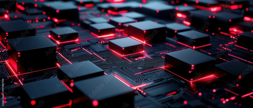 Poster a detailed digital circuit board with glowing red elements, showcasing a futuristic design of interc