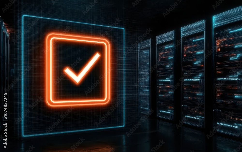 Poster the image showcases a glowing checkmark within a futuristic digital environment, symbolizing verific