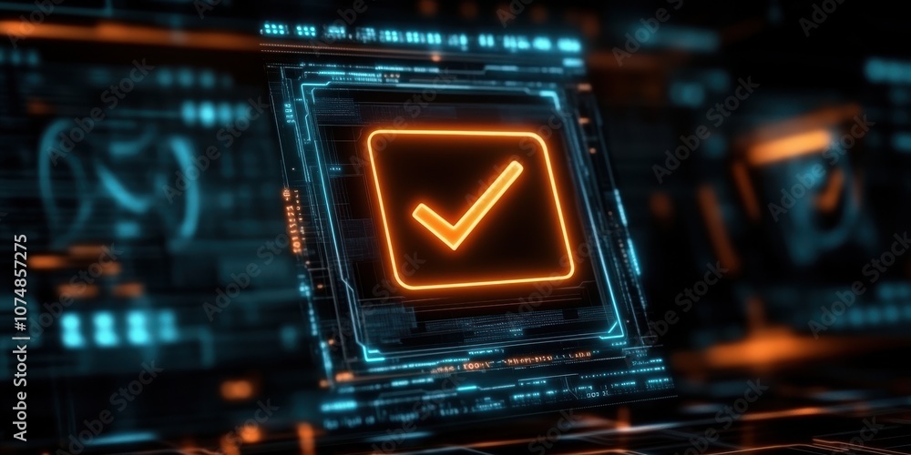 Poster a futuristic digital display featuring a glowing checkmark icon, symbolizing verification and succes