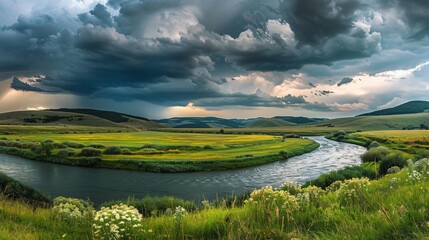Obraz premium Landscape with Green Grass and a Small Road