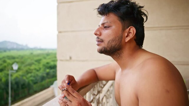 Adult Male Expressing Stress While Smoke