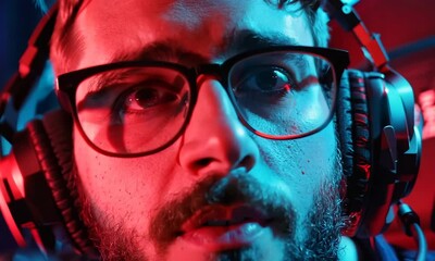 Intense gaming session featuring a focused player in a vibrant esports arena