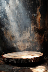 Empty bark stump podium provides with sunlight a natural wooden surface for showcasing products in an eco-friendly, rustic display