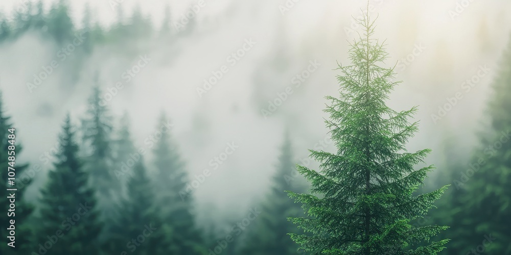 Poster a serene view of misty evergreen trees in a tranquil forest setting.