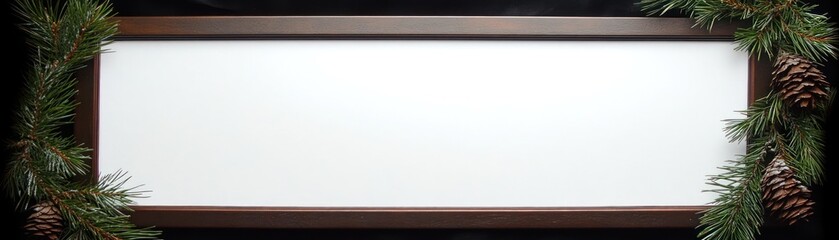 Obraz premium A blank sign framed by pine branches and cones, suitable for seasonal decoration.