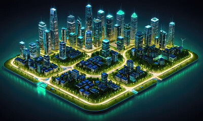 A nighttime aerial view of a futuristic city with glowing lights, surrounded by water