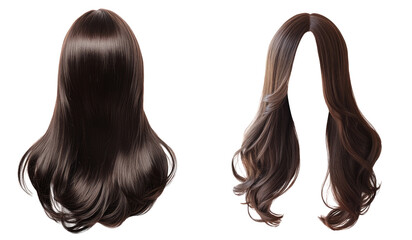 middle parted long hair style wigs in brown color. front and back. transparent background