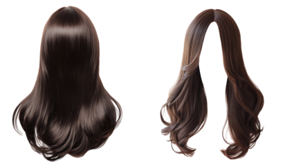 middle parted long hair style wigs in brown color. front and back. transparent background
