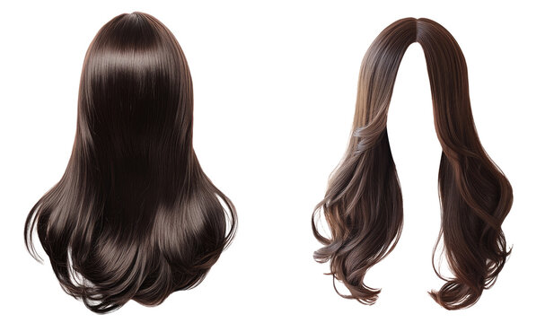 middle parted long hair style wigs in brown color. front and back. transparent background
