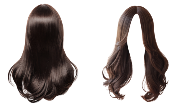 middle parted long hair style wigs in brown color. front and back. transparent background