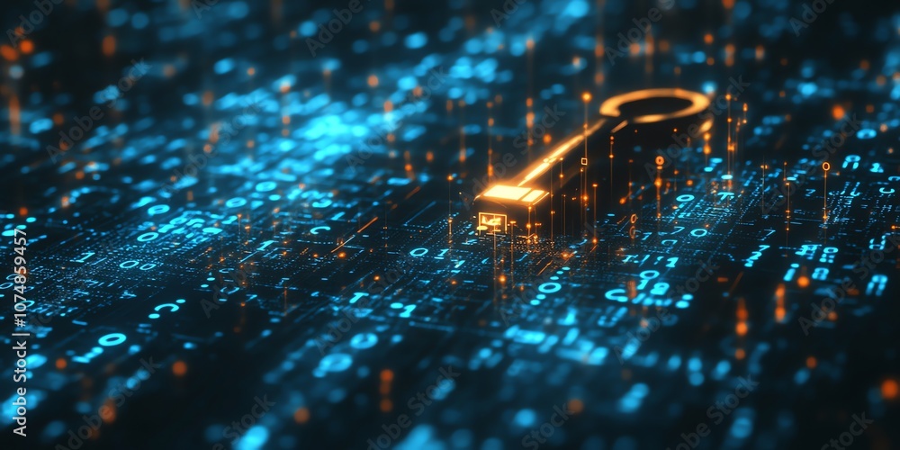 Poster A glowing golden key on a circuit board with blue digital data, symbolizing the future of cybersecurity and data security.