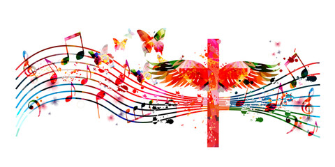 Colorful christian cross with music notes isolated vector illustration. Religion themed background. Design for gospel church music, choir singing, concert, festival, Christianity, prayer	