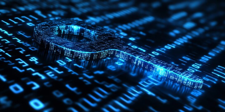 A digital key made of binary code sits on a background of ones and zeros, representing the concept of cybersecurity, digital security, or data encryption.