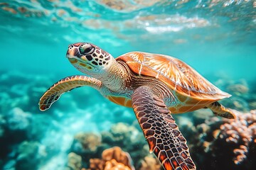 Fototapeta premium A green sea turtle swims gracefully through turquoise waters above a vibrant coral reef.